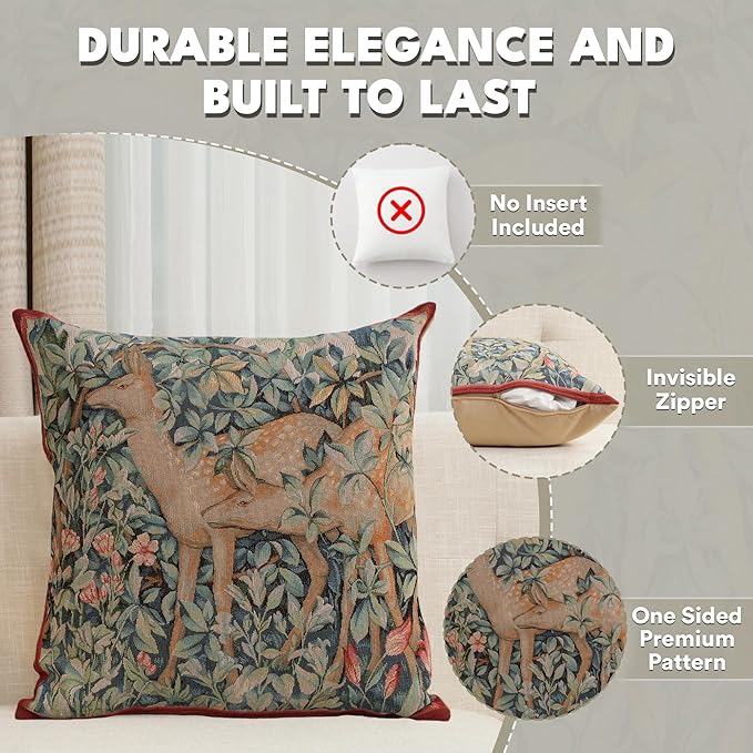Charlotte Home Furnishings Decorative Tapestry Pillow Cover 19x19 in, Green Does Couch Throw Pillow Cover, French Country Square Cushion Cases for Living Room Home Decor, Soft Cotton Jacquard Woven-Ruum Studio Home