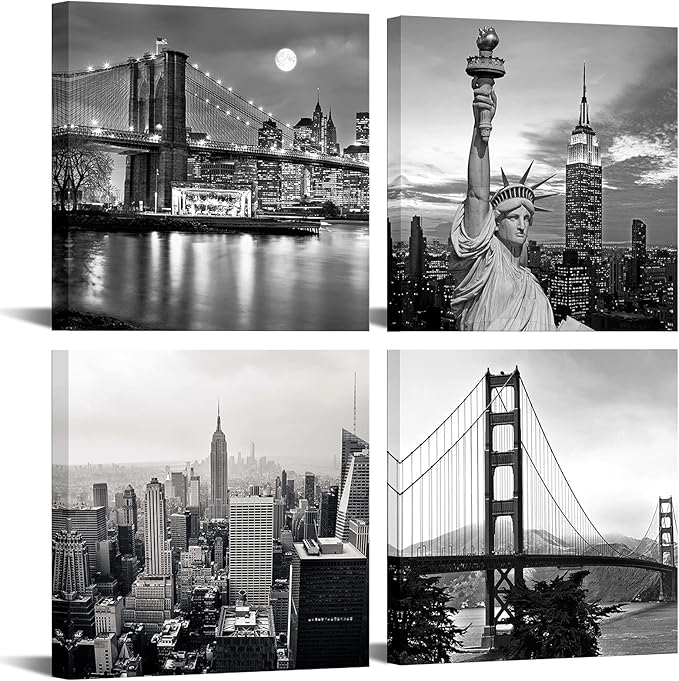 LevvArts Black and White City Wall Art Modern Brooklyn Bridge Picture Prints US Cityscape Canvas Artwork for Bedroom Home Decor-Ruum Studio Home