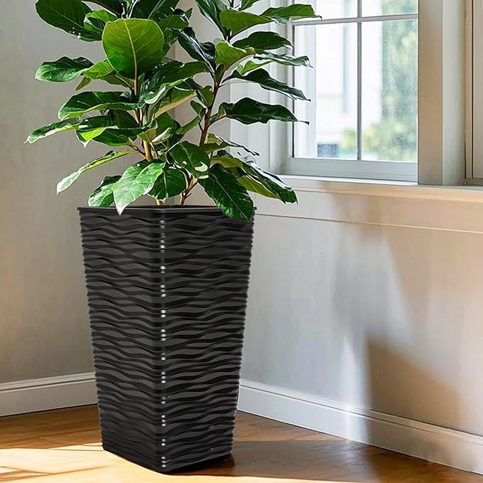 Worth Garden 2-Pack 22" H. Black Square Tapered Planter with Inside Pots - Plastic Plant Pots for Indoor Outdoor - Modern Wavy Finish Decorative Flower Pots for Front Porch Containers Patio Deck-Ruum Studio Home