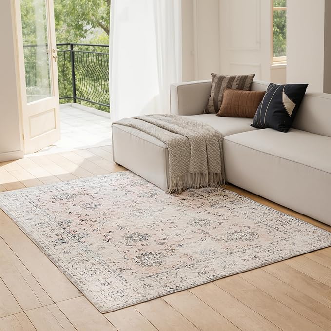 5'x7' Vintage Floral Rug - Persian Inspired Low-Pile Faux Wool Area Rug, Non-Slip Washable Rug for Bedroom, Nursery, Dorm, Soft Pink Boho Chic Decor-Ruum Studio Home