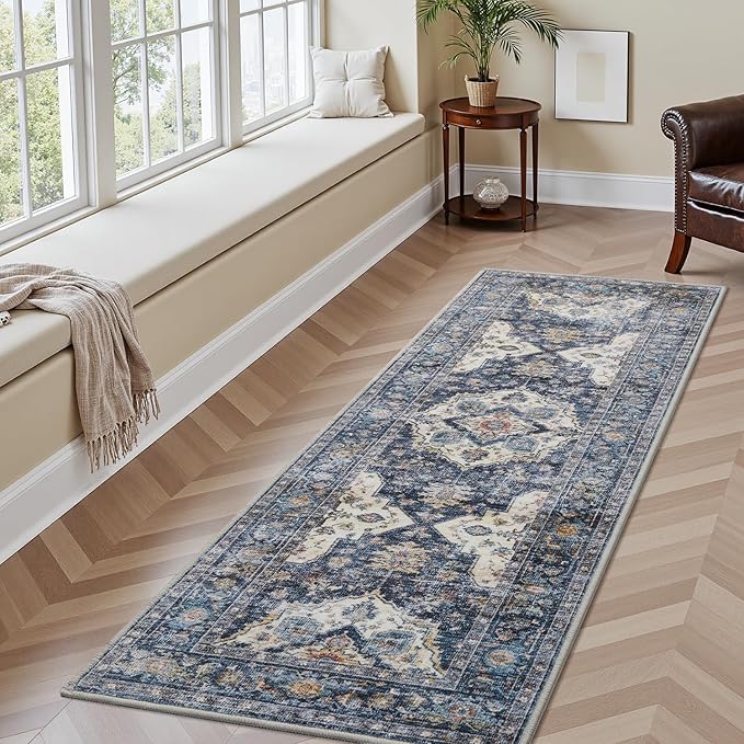 AMOAMI-2X6 Runner Rug-Washable Runners for Hallways-Soft Non Slip Bedside Rugs for Bedroom-Vintage Long Rug for Hallways Entryway Laundry Room Stair Kitchen Bathroom Blue-Ruum Studio Home