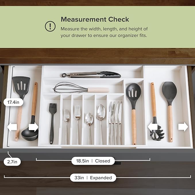 Premium Silverware, Flatware and Utensil Organizer for Kitchen Drawers, Food-Safe Contract Grade, Expandable from 18 to 33 In, White Bamboo-Ruum Studio Home