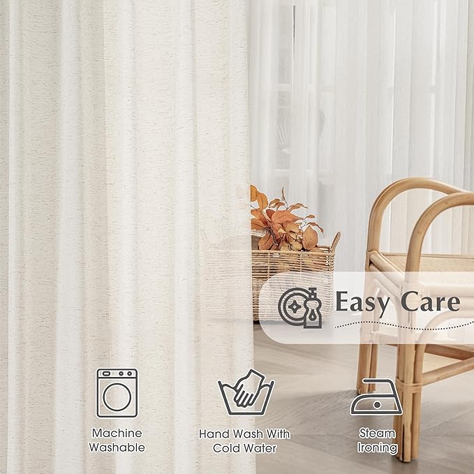 FMFUNCTEX Linen Sheer Pinch Pleated Curtains for Living Room, Linen Flax Beige 90 Inches Long Sheer Curtain See Through Panels for Bedroom, Natural Window Drapes for Farmhouse, Back Tab 2 Panels-Ruum Studio Home