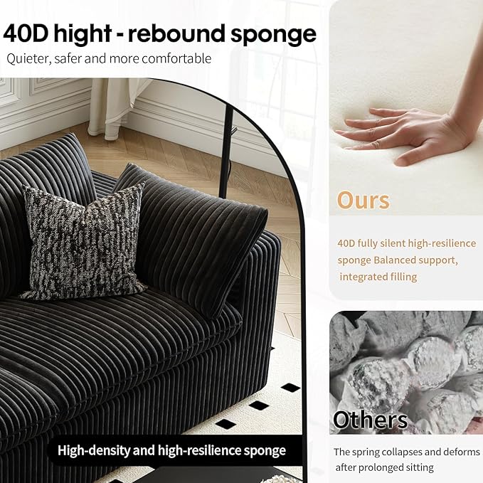 LoveSeat Cloud Couch Modular Sectional Sofa for Living Room,Modern Sofa with Deep Seat，2 Seater Boneless Couch with Ottoman,Comfy Upholstered Couches for Apartment, Studio, Office,Bedroom，Black-Ruum Studio Home