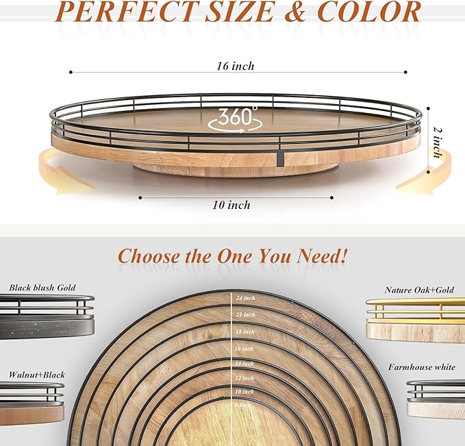16" Lazy Susan Oak Wood Turntable Organizer for Cabinet, Farmhouse Round Wooden Large Lazy Susan Organization and Storage for Dining Table, Pantry, Kitchen, Bathroom, Countertop, Cupboard, Home Decor-Ruum Studio Home