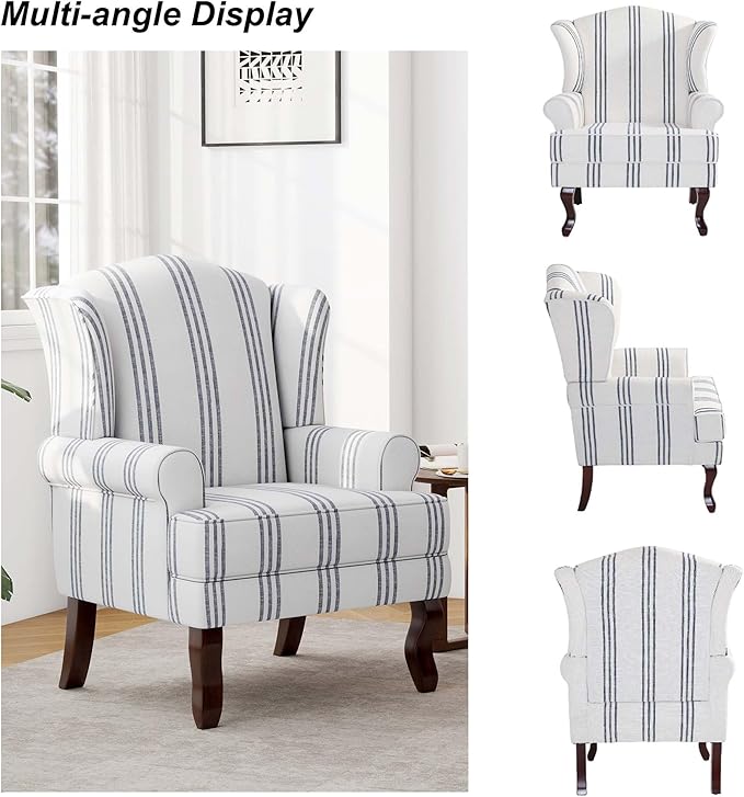Accent Chair, High Back Upholstered Armchair with High Resilience Sponge & Wood Legs, Mid-Century Modern Comfy Single Sofa Reading Chairs for Living Room, Bedroom (Stripe Navy, Set of 1)-Ruum Studio Home