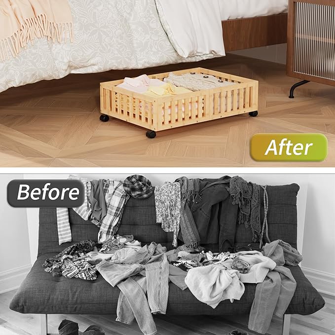 Bamboo Under Bed Storage with Wheels (2-Pack) – Rolling Underbed Shoe Organizer Box for Shoes, Blankets, Toys, Clothes Container Space-Saving Organizer Bins for Bedroom, Closet, Dorm, Nursery-Ruum Studio Home