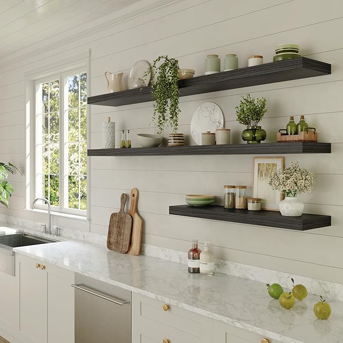 Large Floating Shelves for Wall Set of 1 Wooden Wall Shelves 24 in x 12.75 in x 2 in Room Decor Long Shelf with Invisible Wall Mount Bracket for Bedroom Kitchen Living Room Black Wood-Ruum Studio Home