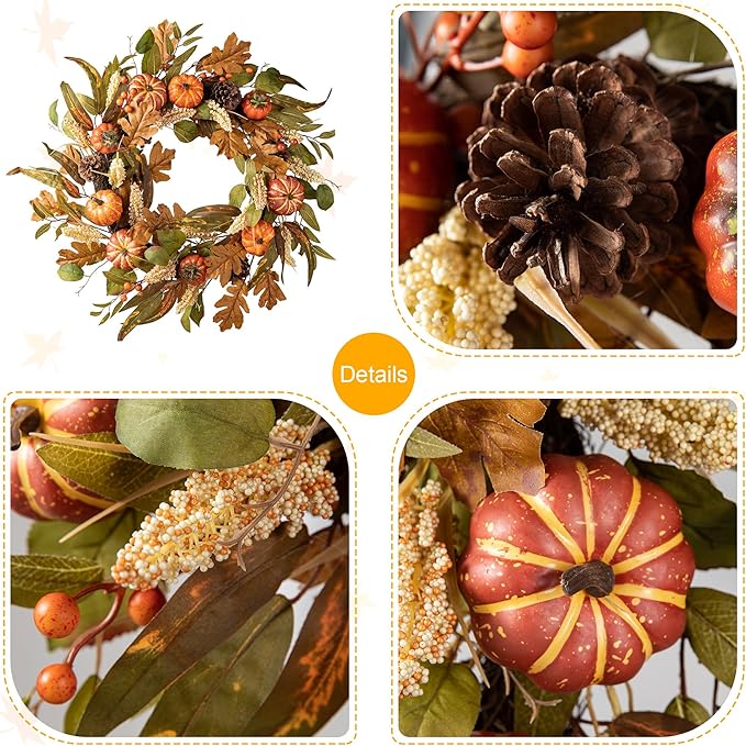 Glitzhome 24''D Fall Pumpkin Leaf Floral Wreath Decor, Artificial Harvest Door Wreath for Autumn or Thanksgiving Decoration-Ruum Studio Home