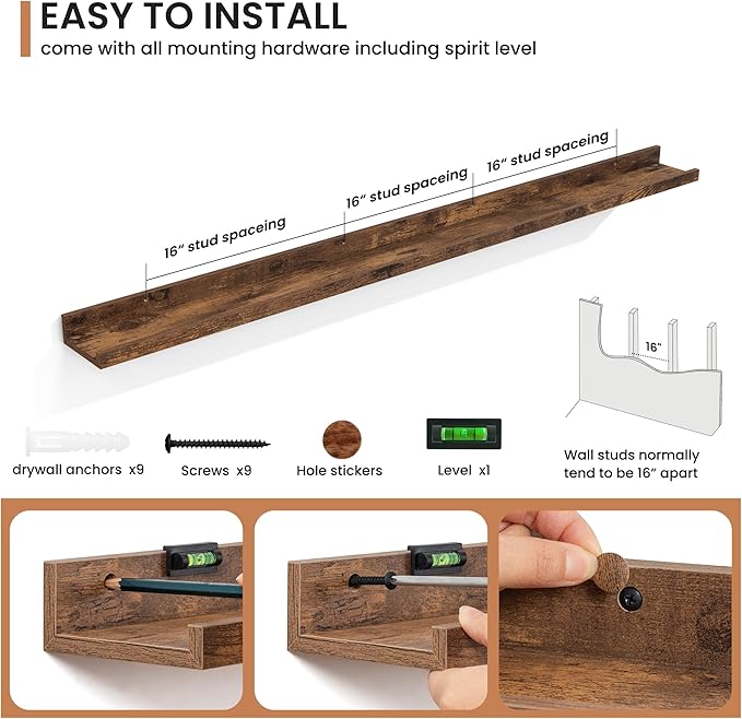 Fun Memories Picture Ledge Shelves Set of 2, 55 Inch Rustic Wall Mounted Floating Shelves with Lip for Home Storage and Décor in Bathroom, Kitchen, Nursery, Bedroom, Living Room, Brown-Ruum Studio Home
