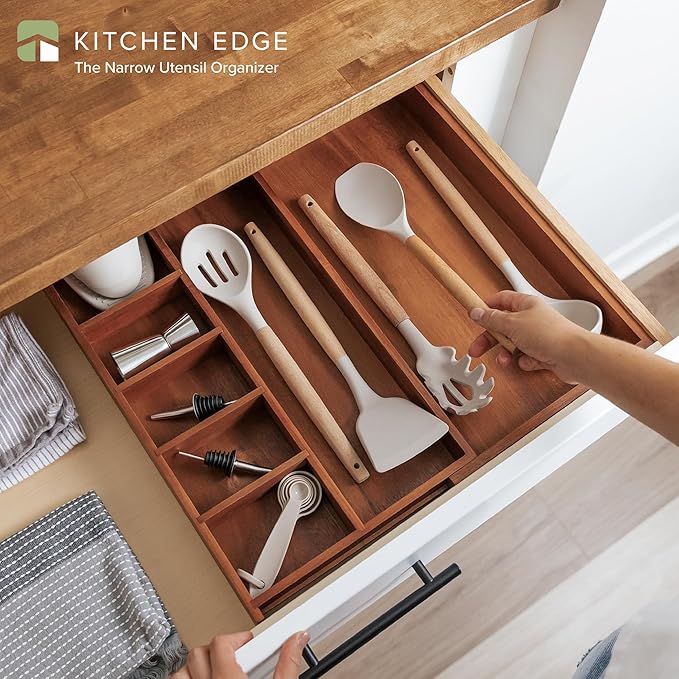 Adjustable Kitchen Drawer Organizer for Utensils and Junk, Food-Safe Contract Grade with 100% Sustainable Wood, Non-Slip, Expandable from 10.5 to 18.5 Inches Wide - Natural Acacia-Ruum Studio Home