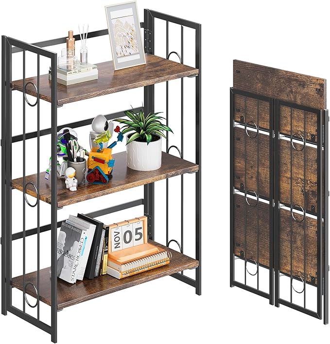 4NM No Assembly 3 Tiers Folding Bookshelf, 35" H Foldable Storage Shelves Vintage Bookcase Standing Racks Study Organizer Home Office - Rustic Brown Black-Ruum Studio Home