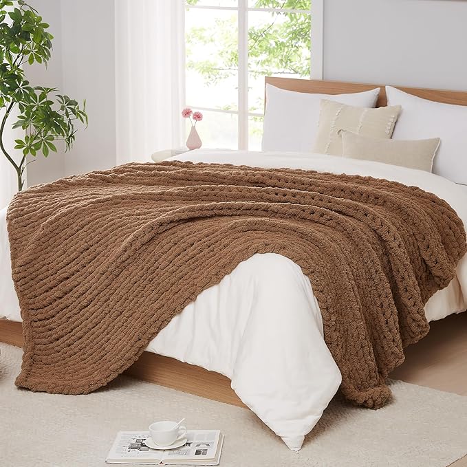 L'AGRATY Chunky Knit Blanket Throw - Soft Chenille Yarn Throw Blanket 40x50： Handmade Thick Cable Knit Crochet Blanke - Large Knit Blanket Chunky Rope Knot Throw Blanket for Couch Sofa Bed Home Decor-Ruum Studio Home