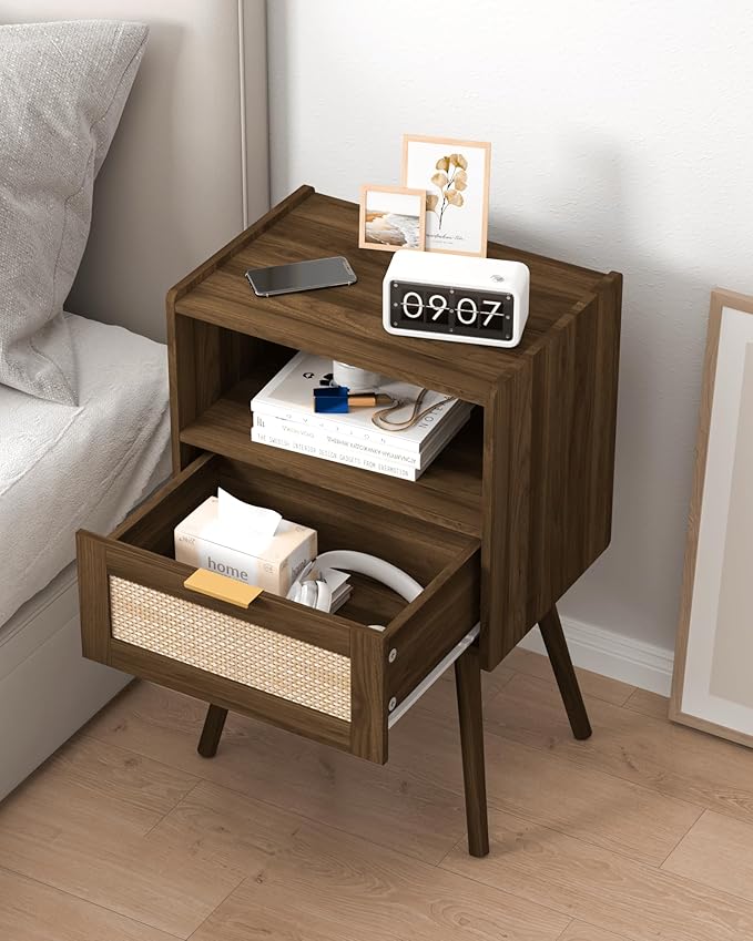 Rattan Nightstand,Modern Bedside Table with Storage Drawer and Open Wood Shelf, for Living Room, Bedroom and Small Spaces, Accent Night Stand with Solid Wood Legs, Easy Assembly,Walnut Brown-Ruum Studio Home