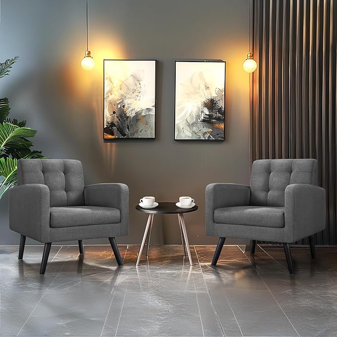 Yaheetech Mid-Century Accent Chairs, Modern Upholstered Living Room Chair, Cozy Armchair Button Tufted Back and Wood Legs for Bedroom/Office/Cafe, Set of 2, Gray-Ruum Studio Home