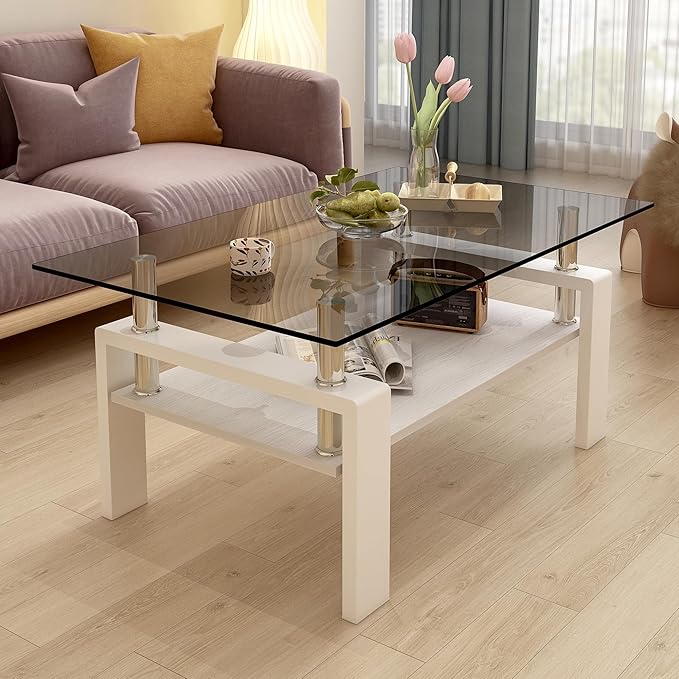 Glass Coffee Table Rectangle Living Room Center Table, with Gray Tempered Glass Tabletop and White MDF Layer,for Living Room and Office, Gray+White-Ruum Studio Home