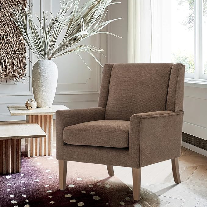 COLAMY Modern Wingback Living Room Chair, Upholstered Fabric Accent Armchair, Single Sofa Chair with Lounge Seat and Wood Legs for Bedroom/Office/Reading Spaces, Brown-Ruum Studio Home