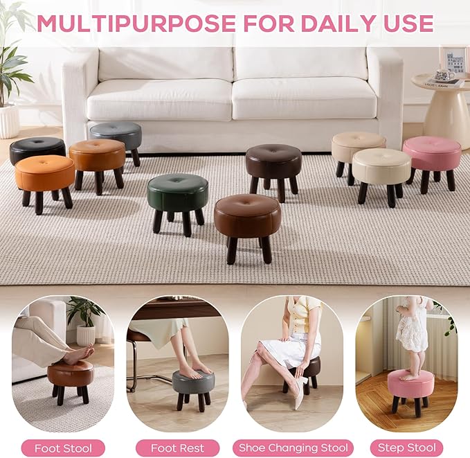 Small Foot Stool Round Pouf Ottoman, 13'' Leather Foot Rest with Non-Skid Rubber Legs, Foolstool Ottomans for Couch, Sofa Footrest Step Stool for Living Room Bedroom Entryway Office, Pink-Ruum Studio Home