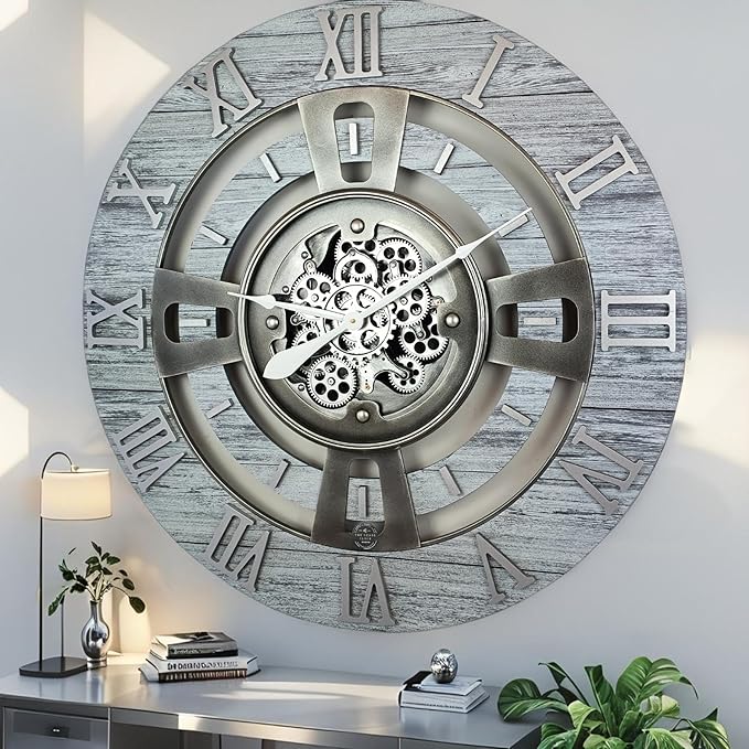The Gears Clock Real Moving Gear Wall Clock England Line (Silver Grey, 24 inches (60 cm))-Ruum Studio Home