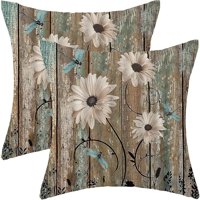 CXMEIFLY Spring Floral Pillow Covers 18 x 18 Inch Set of 2 for Brown Wood Texture Daisy Flowers Decor Throw Pillows Dragonfly Plant Floral Outdoor Decorative Cushion Cases for Couch Bed Decorations-Ruum Studio Home