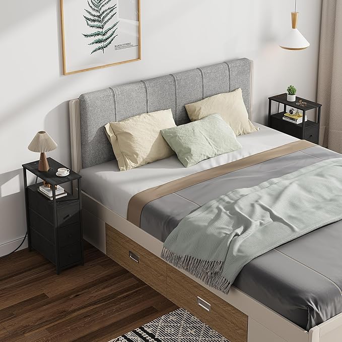 TUTOTAK Narrow Night Stand with Charging Station, Slim End Table with Plugins, Tall Side Table with 3 Fabric Drawer, Small Bedside Table with Storage, Set of 2, Living Room, Bedroom, Black TB01BK073-Ruum Studio Home