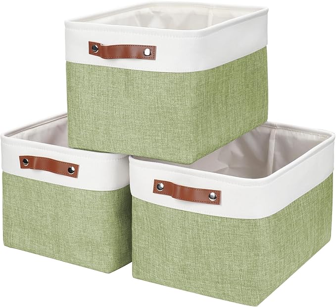 Storage Bins Large Fabric Storage Baskets for Shelves 3 Pack, Decorative Linen Closet Baskets with Handles for Organizing, Shelf, Clothes, Home, Office, 15x11x9.5Inches (Green&White)-Ruum Studio Home