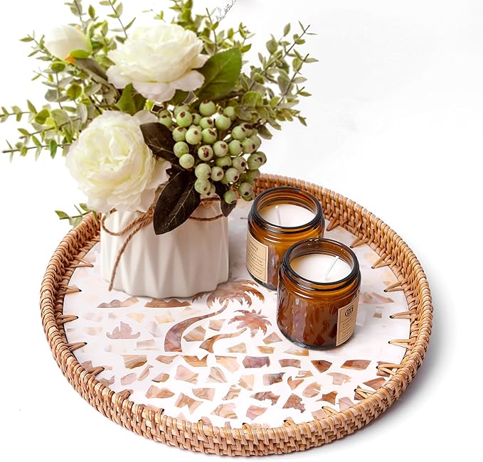 Round Rattan Tray with Mother of Pearl Inlay & Wooden Base - Decorative Wicker Serving Tray for Coffee/Bread/Fruits, Food Storage & Display - Multipurpose Home Decor (M,Island)-Ruum Studio Home