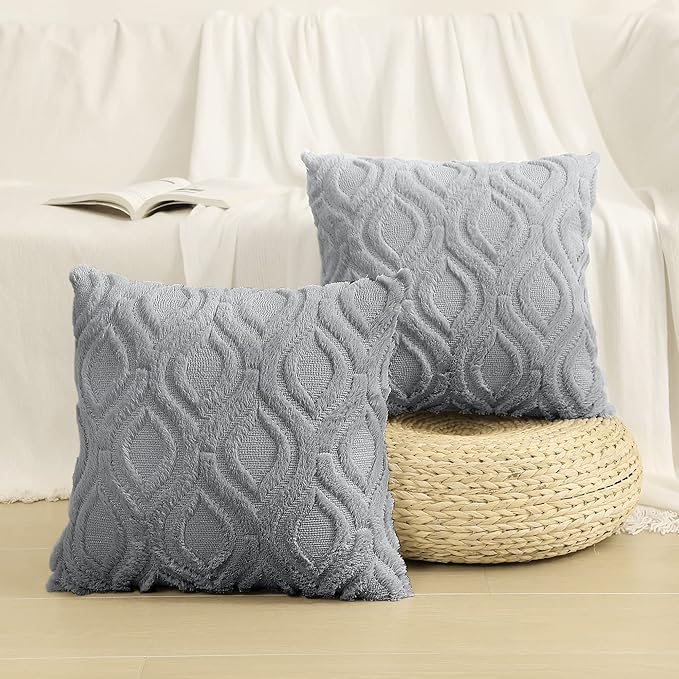 decorUhome Fall Throw Pillow Covers 24x24 Inch Set of 2, Soft Plush Decorative Faux Fur Grey Solid Couch Pillow Covers, Accent Farmhouse Neutral Square Euro Pillow Cases for Sofa Bed Living Room-Ruum Studio Home