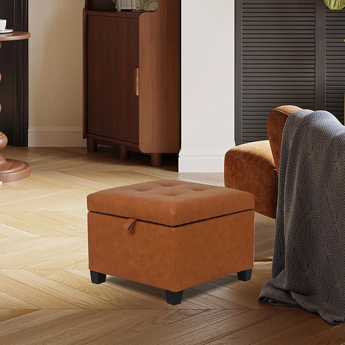 Adeco 17.5" Faux Leather Storage Ottoman with Hinged Lid, 14 Inch High Square Cube Foot Stool with Storage, Upholstered Vanity Stool with Solid Wood Legs for Living Room, Bedroom, Dorm (Warm Orange)-Ruum Studio Home