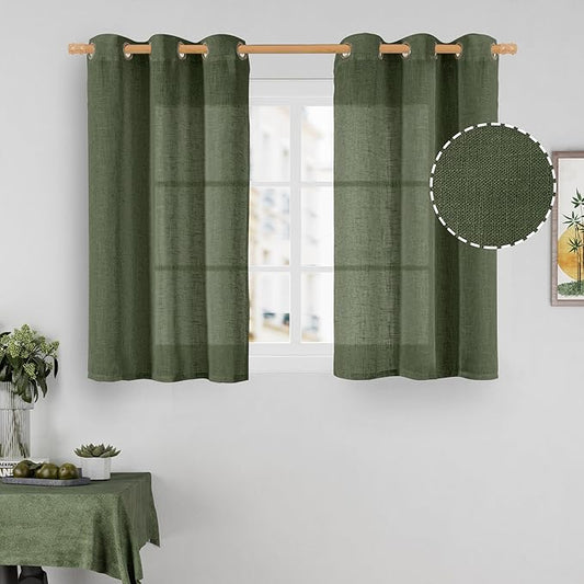 LAMIT Sheer Linen Curtains 40 inch Long for Small Windows, Olive Green Light Filtering Curtains Bronze Grommet Linen Textured Neutral Boho Christmas Drapes for Kitchen/Cafe, 2 Panels, 34 x 40 Inch-Ruum Studio Home