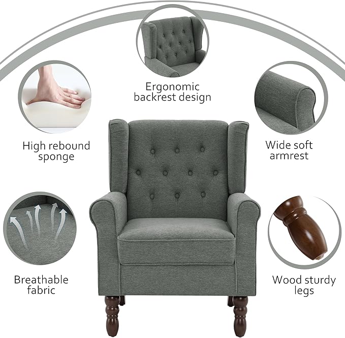 Lumibee High Back Accent Chair,Upholstered Wingback Armchair with Solid Wood Legs for Small Spaces,Comfy Single Sofa Chair for Living Room,Bedroom,Office-Gray-Ruum Studio Home