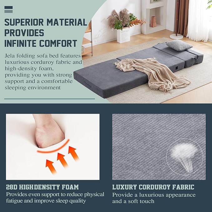 jela Foldable Sofa Bed Large Soft Foam Convertible Sleeper Chair Luxury Corduroy Fabric Fold Out Chair Bed Floor Couch with Back Support Floor Sofa for Living Room Bedroom (83"x33",Darkgrey)-Ruum Studio Home