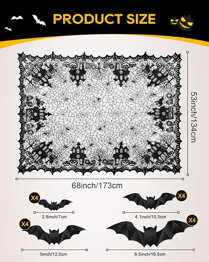 eZAKKA Halloween Table Cloth with 16 Pcs Bats Wall Decor, Spider Web Table Cloth Black Tablecloth Lace Fabric Table Cloths for Rectangle for Parties Gothic Spooky Home Decorations, 53x68 Inch-Ruum Studio Home