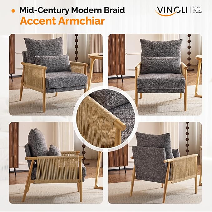 VINGLI Boho Braid Accent Armchairs Set of 2,Mid-Century Modern Chiars with Solid Wooden Armrest,Comfy Louge Cushion Chairs with Waist Pillow for Bedroom,Living Room,Reading Room, Gray-Ruum Studio Home