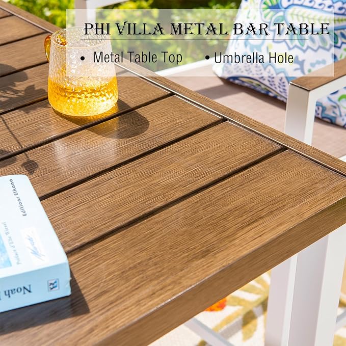 PHI VILLA Outdoor Bar Table, High Patio Table with Umbrella Hole, White Legs, Metal Frame, Sturdy & Durable for Outdoor & Indoor-Ruum Studio Home