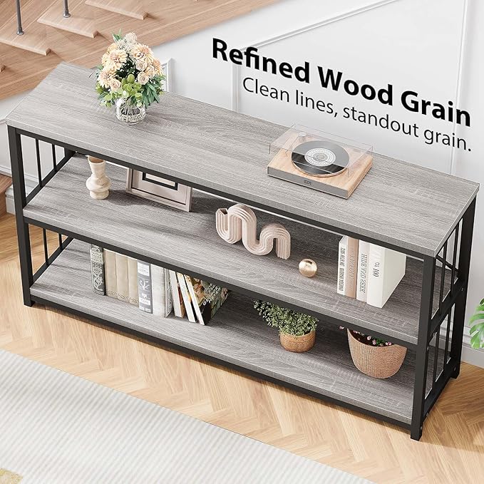 LVB Farmhouse Industrial Console Table, Wood Metal Foyer Entryway Sofa Tables with Storage, 3 Tier Long Rustic Entry Table TV Stand with Shelves for Home Living Room Hallway, Light Grey Oak, 55 Inch-Ruum Studio Home