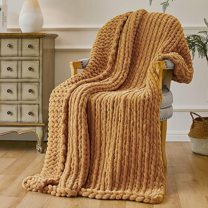 Esterra Chunky Knit Throw Blanket Newly Upgraded Heavy Tighter Version, Handmade Chenille Throw Super Soft, Thick Yarn Cable Knit Crochet Throw Blanket for Couch Bed Sofa (50"x60" Mustard Yellow)-Ruum Studio Home
