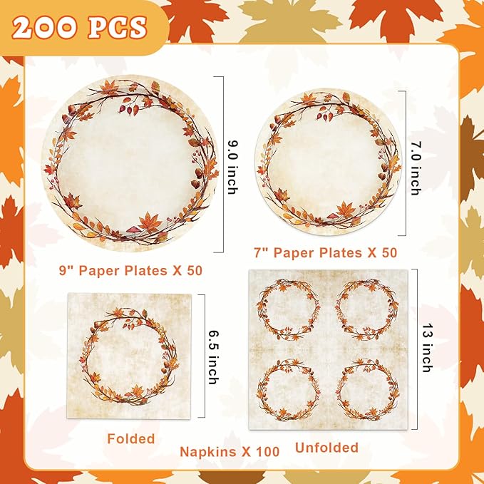 Homlouue 200 Pcs Fall Paper Plates and Napkins, Watercolor Disposable Dinnerware Set, Autumn Leaves Thanksgiving Party Supplies, Serve 50 Guests-Ruum Studio Home