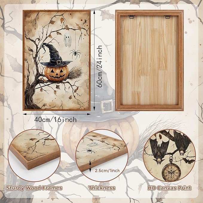 HLNIUC Vintage Halloween Decor Framed Gothic Skull Wall Art Set of 3(16”x24”) Floral Raven Crow Wall Decor,Horror Pumpkin Dark Academia Canvas Painting bats prints for Living Room Bedroom Goth Party-Ruum Studio Home