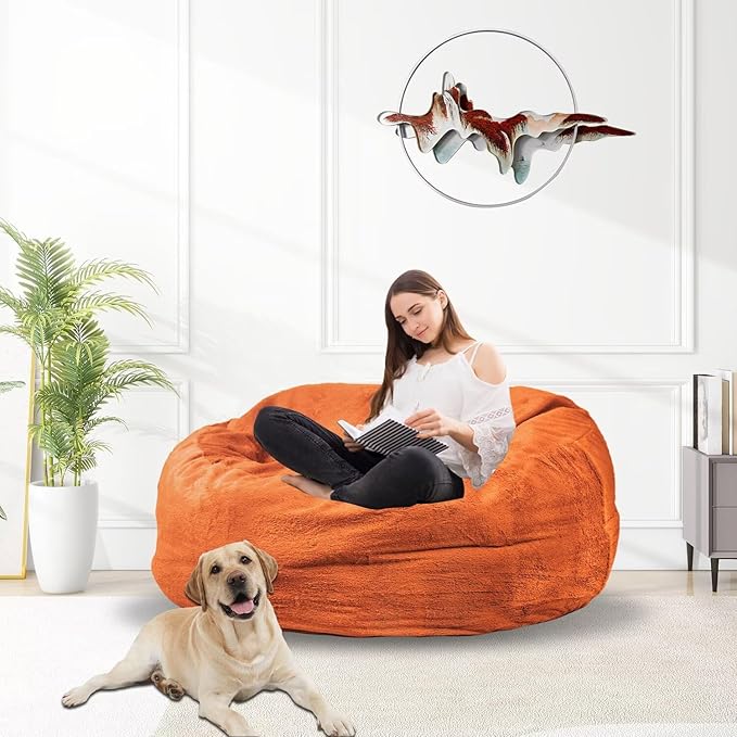 Bean Bag Chair for Adults 3FT,Soft Removable Cover for Teens/Girls Bedroom,Fluffy Giant Round Floor Beanbag Lounger Chairs (No Filler,Orange)-Ruum Studio Home
