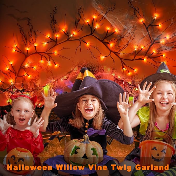9 FT 72LED Halloween Willow Vine Twig Decor Branches Garland with Lights - 8 Modes Timer - Waterproof Battery Operated for Indoor Wall Fireplace Halloween Decorations-Ruum Studio Home