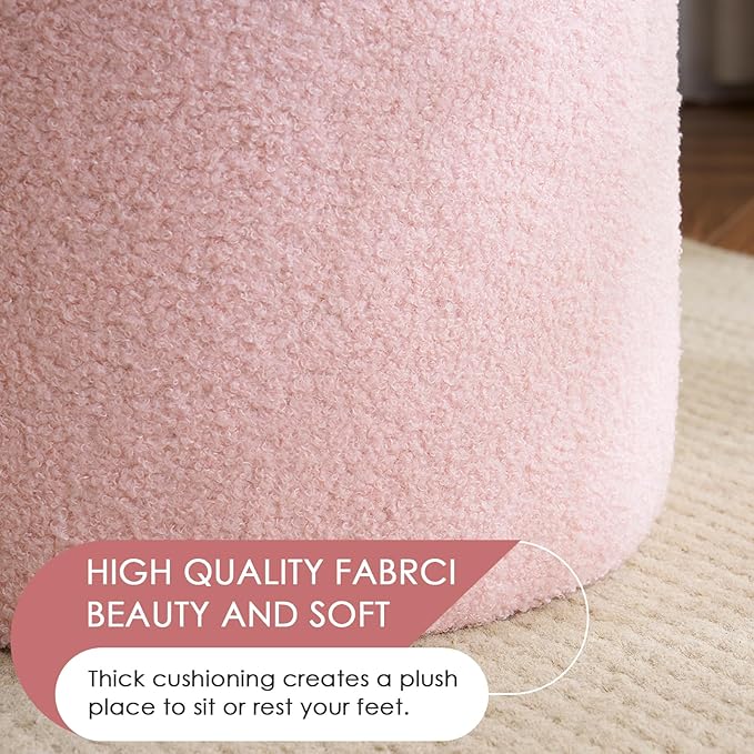 YFO Round Ottoman with Removable Lid Upholstered, Multifunctional Vanity Chairs for Makeup, Soft Footrest Stool Ottoman Foot Stool for Living Room, Bedroom, Boucle, Pink-Ruum Studio Home