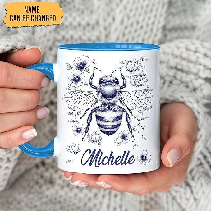 Hyturtle Personalized Floral Bee Mug - Bee Keeper Gifts For Women Lovers Teacher - Honey Gifts For Beekeeper Farmer On Birthday - Queen Honeycomb Decor - Custom Coffee Cup Ceramic Mug 11 Oz 15 Oz-Ruum Studio Home