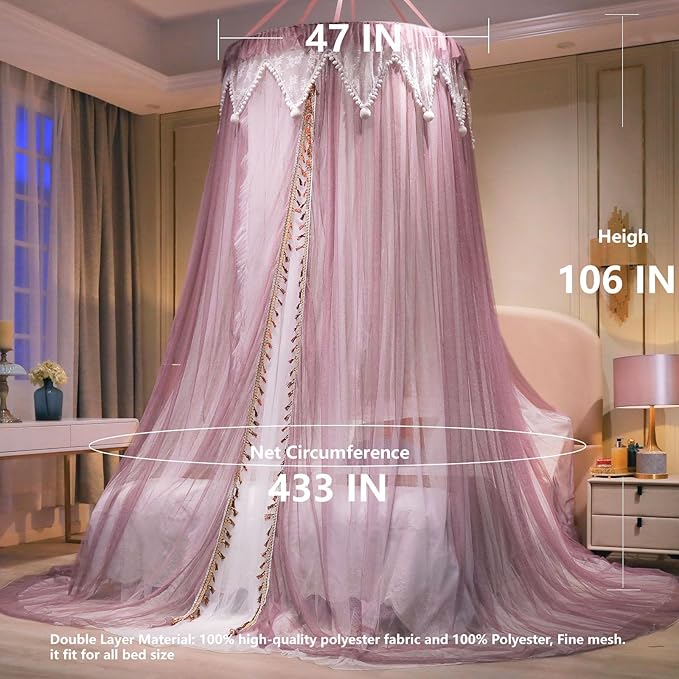 AIKASY Girls and Adults Canopy Bed, Elegant Double-Layer Bed Curtain, Children's Dream Round Lace Mosquito Net, Princess Canopy Net - Fits Twin, Full, Queen, and King Beds (White/Red Bean)-Ruum Studio Home
