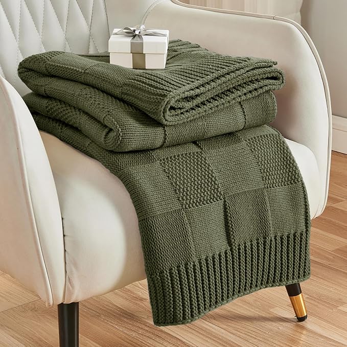 CozeCube Check Knit Throw Blanket, Olive Green Checkered Throw for Couch, Decorative Christmas Soft Cozy Warm Knitted Blanket for Bed Sofa Living Room, 50"X60"-Ruum Studio Home
