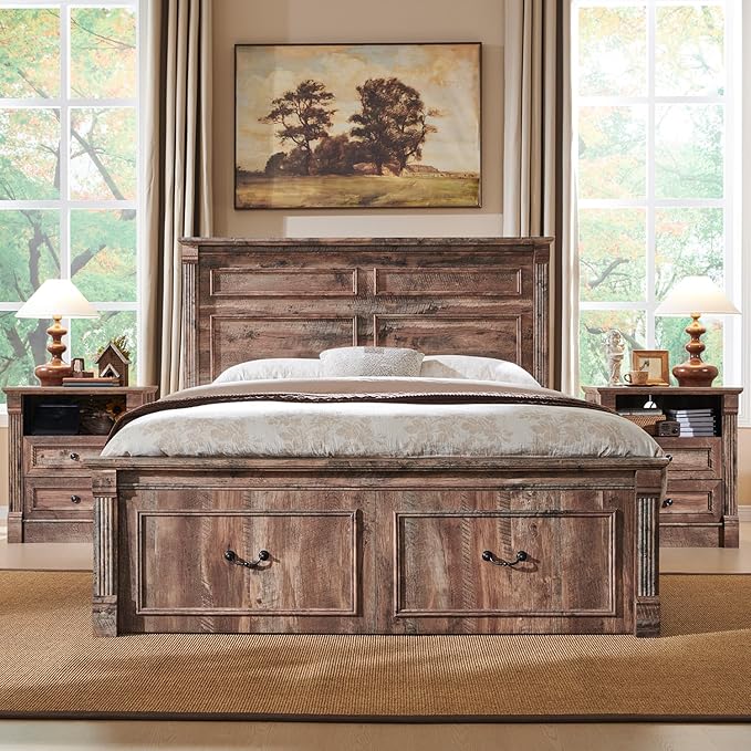 26" Tall Farmhouse Nightstand Set of 2, 2 Drawers End Table w/Charging Station, 23.6" Wide Large Side Table w/Roman Column, Wood Rustic Sofa Table w/Open Shelf, Bedside Table for Bedroom, Light Brown-Ruum Studio Home