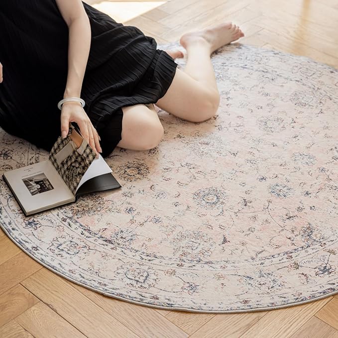 4'x4' Vintage Floral Rug - Persian Inspired Low-Pile Faux Wool Area Rug, Non-Slip Washable Round Rug for Bedroom, Nursery, Dorm, Soft Pink Boho Chic Decor-Ruum Studio Home