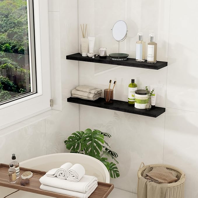 Fun Memories Floating Shelves for Wall, 30" Rustic Wood Deep Wall Mounted Shelves with Invisible Brackets for Decor & Storage, Floating Shelf for Living Room, Bathroom (Black, Set of 2)-Ruum Studio Home