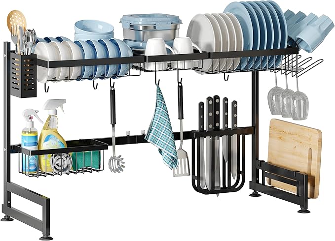 2 Tier Extra Large Stainless Steel Expandable Over The Sink Dish Drainer Drying Rack, Rust Proof Metal, Space Saving, Modern Black Big Capacity Extendable Plate Strainers Above Kitchen Counter-Ruum Studio Home