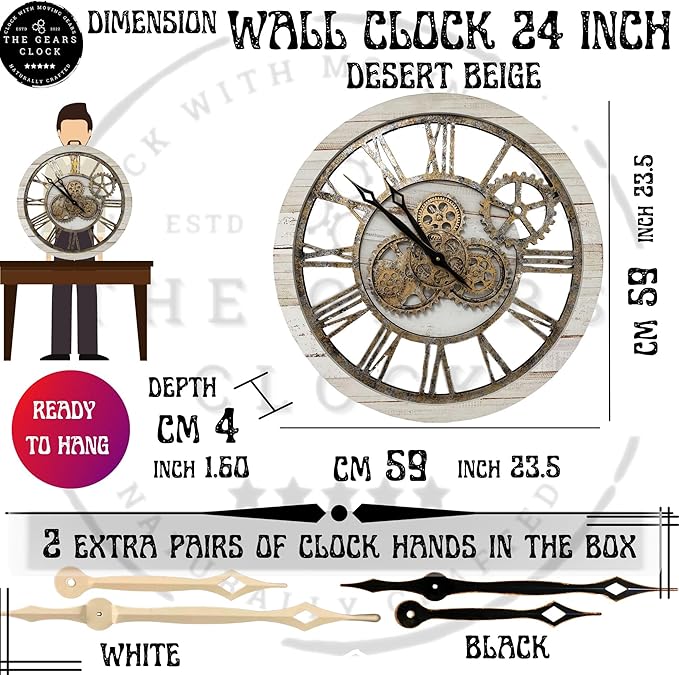 The Gears Clock The Original Real Moving Gear Wall Clock Vintage Industrial Oversized Rustic Farmhouse (24 inch (60cm), Vintage Desert Beige and Bronze)-Ruum Studio Home